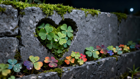 Heart of green clover leaves with water drops on stone wall.の素材