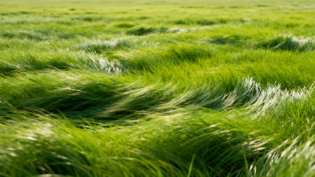 green wheat field, close-up of a green wheat field.の素材