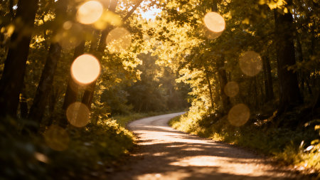 Path in the autumn forest with sun rays and bokeh effectの素材