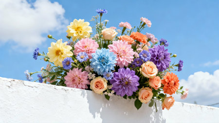 Colorful bouquet of flowers on the white wall with blue skyの素材