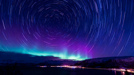 Northern lights over the fjord at night. Aurora borealis.の素材