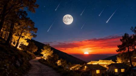 Moon and stars over a village in the mountains at sunset. Landscape.の素材