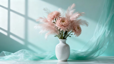 Bouquet of pink chrysanthemums in a vase on a white tableの素材
