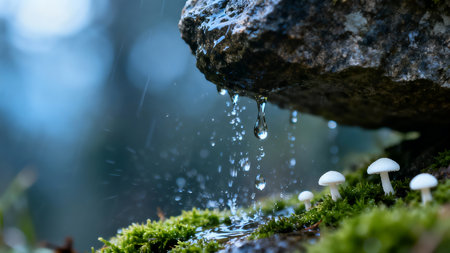 Mushrooms in the forest with water drops falling from the rockの素材