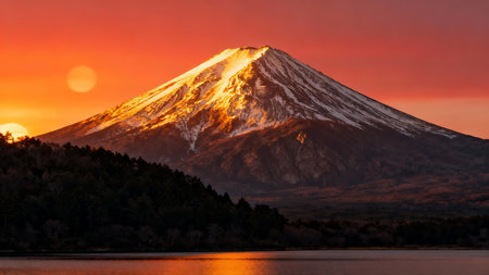 Mount Fuji at Lake Kawaguchiko, Yamanashi, Japanの素材
