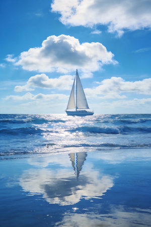 Sailing yacht in the sea on a background of blue sky with cloudsの素材