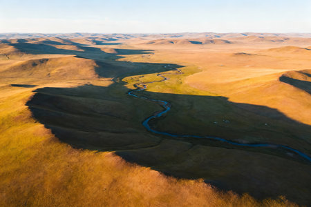 Aerial view of the river in the steppe in autumn.の素材