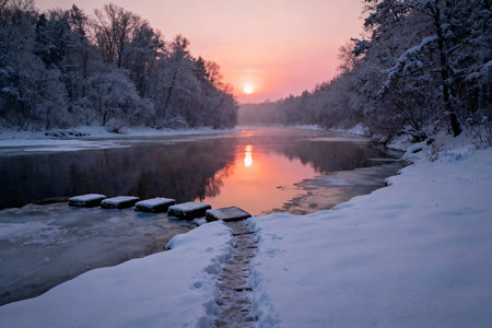 Winter sunset on the river. Winter landscape with ice and snow.の素材