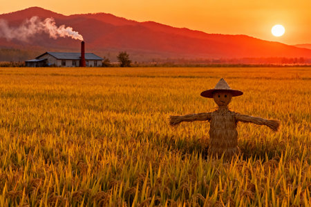 A scarecrow stands in a rice field and looks at the sunset.の素材