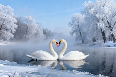 Two swans swimming on the river in winter. Winter landscape.の素材