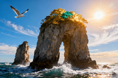 Seagulls flying over rock formation in the sea at sunsetの素材
