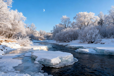 Winter landscape with river and trees covered with hoarfrost and snowの素材