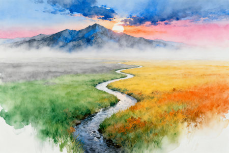 Colorful mountain landscape with river and sunset. Digital art painting.の素材