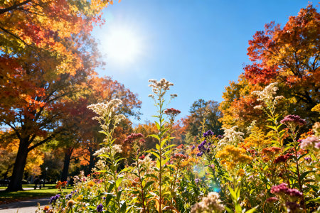 Colorful autumn leaves in the park with sunbeams and lens flareの素材