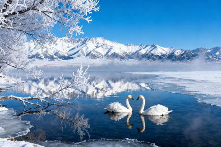 Beautiful winter landscape with lake and snow covered mountains. Swans on the lakeの素材