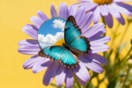 Blue butterfly on camomile flower with reflection of sky in lensの素材