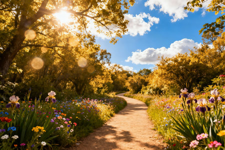 Beautiful spring garden with colorful flowers and path in sunny day.の素材