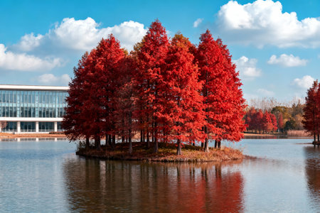 Autumn landscape with lake and colorful trees in the city park.の素材