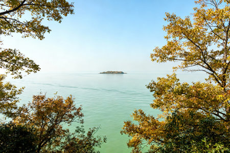 Landscape view of the sea and islands in autumn season. Nature backgroundの素材