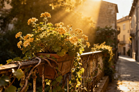 Flowers on the balcony of an old house in the French villageの素材