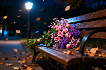Bouquet of flowers on a bench in the park at nightの素材