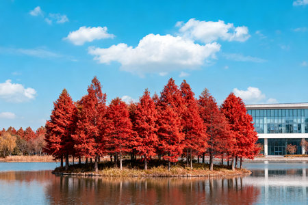 Autumn landscape with lake and colorful trees in Hangzhou, China.の素材