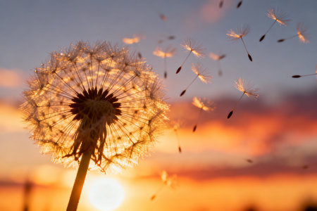 Dandelion seeds blowing in the wind against a sunset sky.の素材