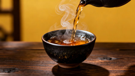 Pouring hot tea into a cup on a wooden table with yellow backgroundの素材
