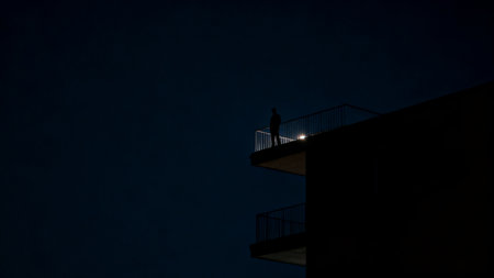 Silhouette of a man standing on a balcony at night.の素材
