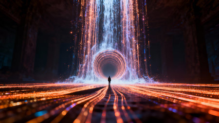 3d rendering of a man in front of a tunnel of lightの素材