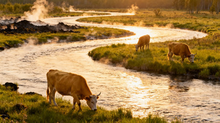 Cows graze in the steppe of Yellowstone National Park.の素材