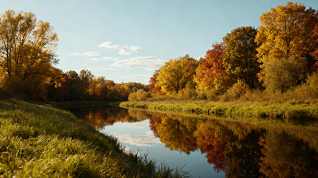 Autumn landscape with colorful trees and river in sunny day, Russiaの素材
