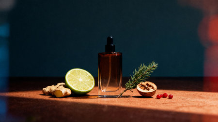 Aromatherapy oil in a glass bottle with lime and ginger on a dark backgroundの素材