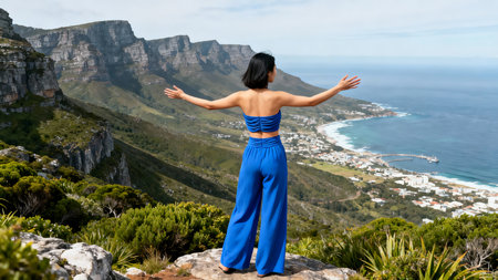Rear view of a young woman in a blue jumpsuit standing on a rock and looking at the oceanの素材