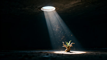 Young sprout of a plant growing from the ground in a dark roomの素材