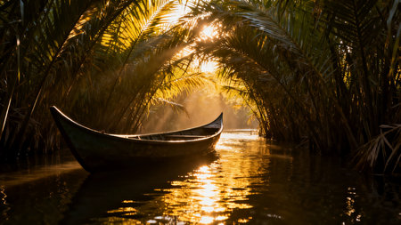 Tropical palm trees and boat on the river at sunset.の素材