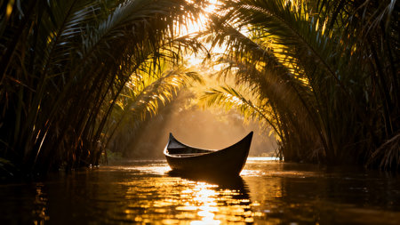 Fisherman boat on the river at sunset in Kerala, Indiaの素材