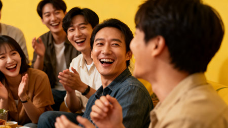 Group of asian friends laughing and clapping together at a partyの素材