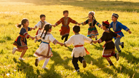 Group of children in traditional clothes jumping in the meadow at sunsetの素材
