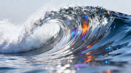 Surf wave with blue and orange reflections. 3D illustration.の素材