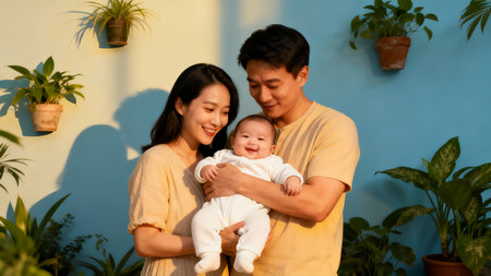 Happy asian family with newborn baby at home. New life concept.の素材