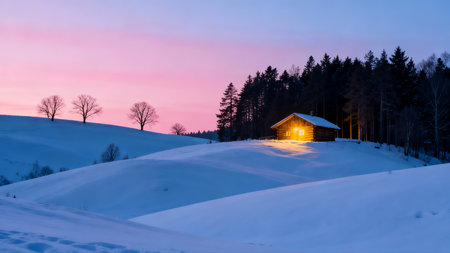 beautiful winter landscape with a wooden house on the hill at sunsetの素材