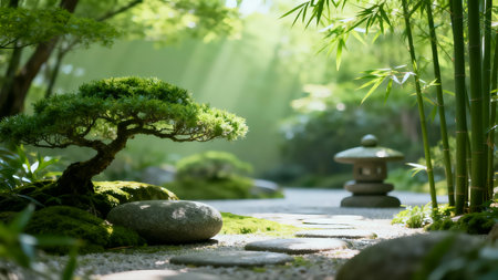 Japanese garden with green bonsai tree, stone and sun raysの素材