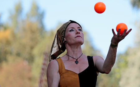 Hameenlinna, Finland, 08/18/2012: Medieval fair near ancient Hame castle with knights, horses and other entertainers on medieval  tournament.のeditorial素材