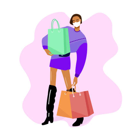 COVID -19 Shopping. Girl in the mask makes purchases. Coronavirus concept flat vector. Safe shopping.のイラスト素材
