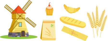 Illustration mill collection of elements wheat spikelets and grain products.のイラスト素材