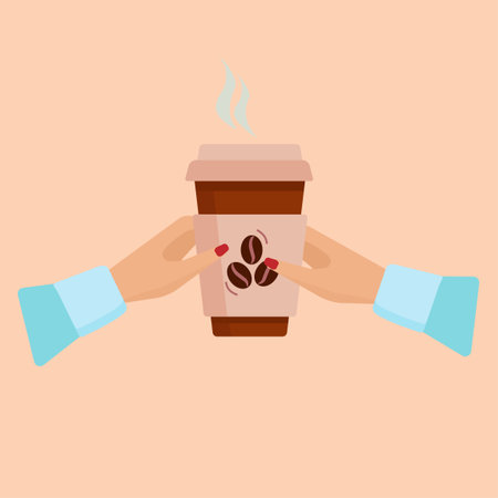 Female hands with paper coffee cup. Flat desingのイラスト素材