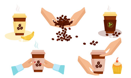 Set Coffee break. In the hands of the coffee beans, design paper cup. Vectorのイラスト素材
