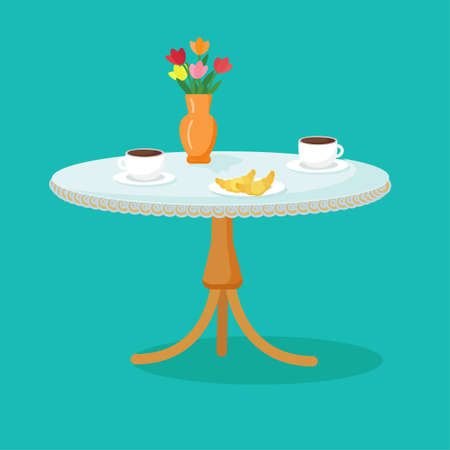 Stylish table in a cafe. Cartoon vector. Openwork tablecloth, coffee cups, croissants, spring flowers in a vase.のイラスト素材