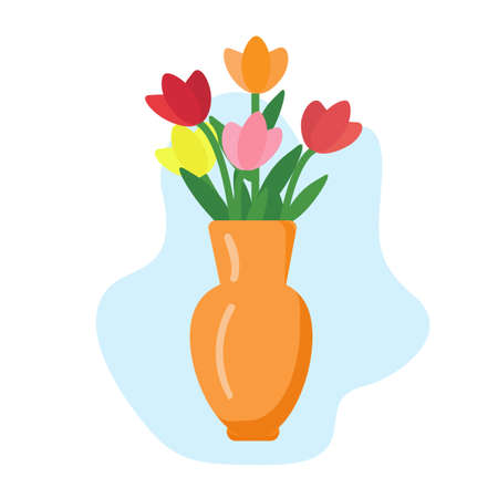 Vase with flowers. Multicolored tulips. Isolated flat design. Spring bloom.のイラスト素材